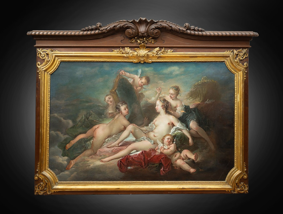 Dipinto antico olio su tela raffigurante "La toletta di Venere" 18secolo Francia