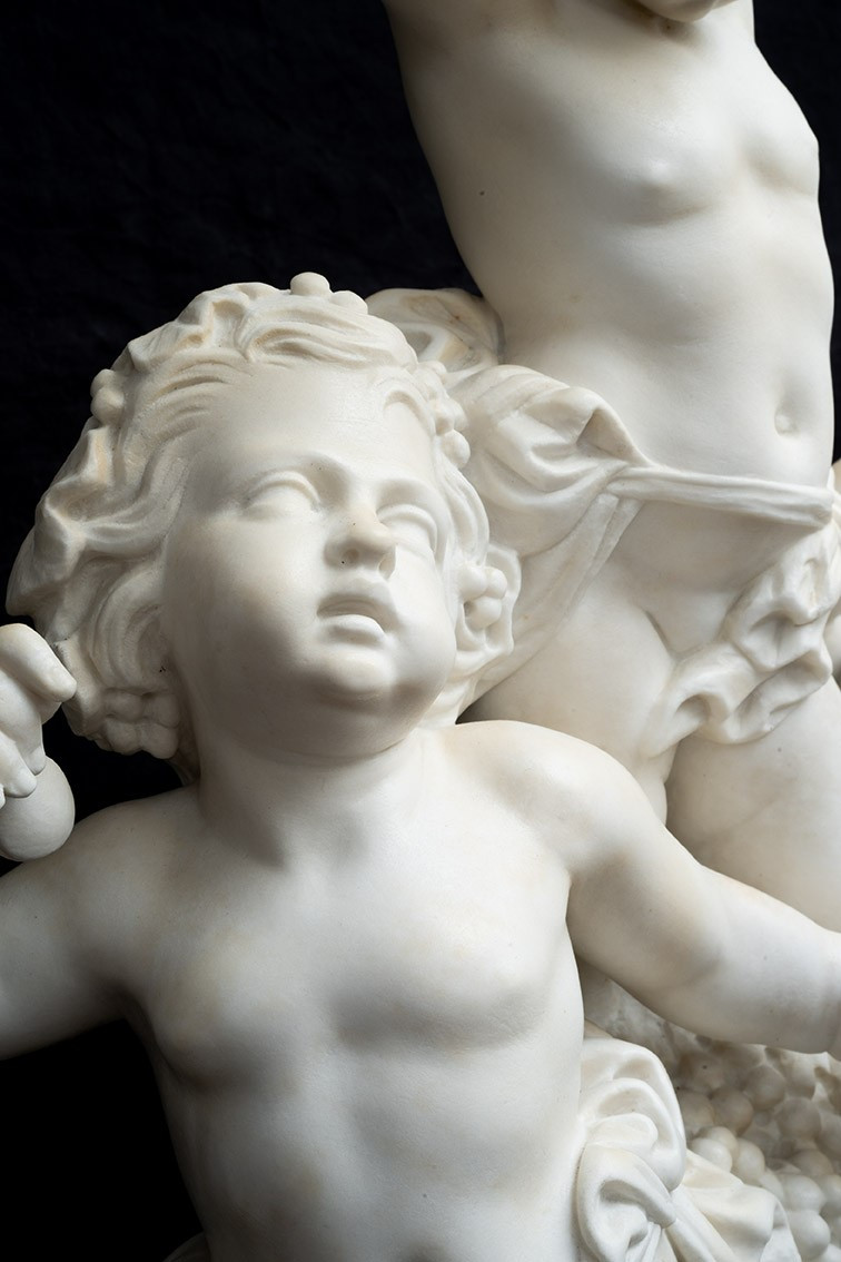 Scultura antica in marmo bianco statuario raffigurante la festa degli amorini firmata" Clodion -photo-3