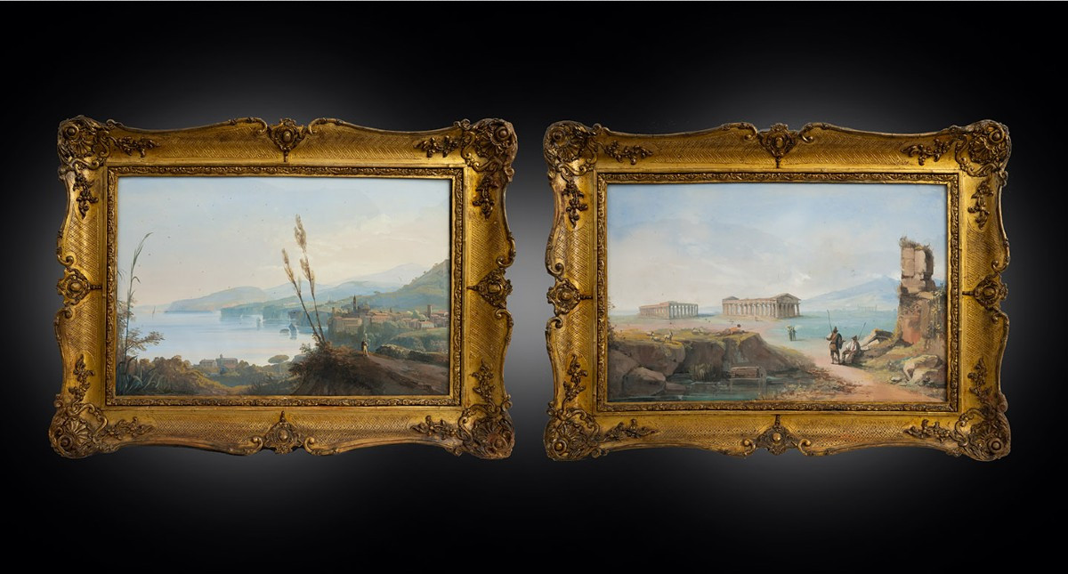 Coppia di Gouaches antichi Napoletani 19secolo.