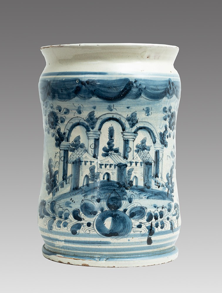 Albarello/Vaso antico in maiolica policroma smaltata di provenienza napoletana 18secolo.