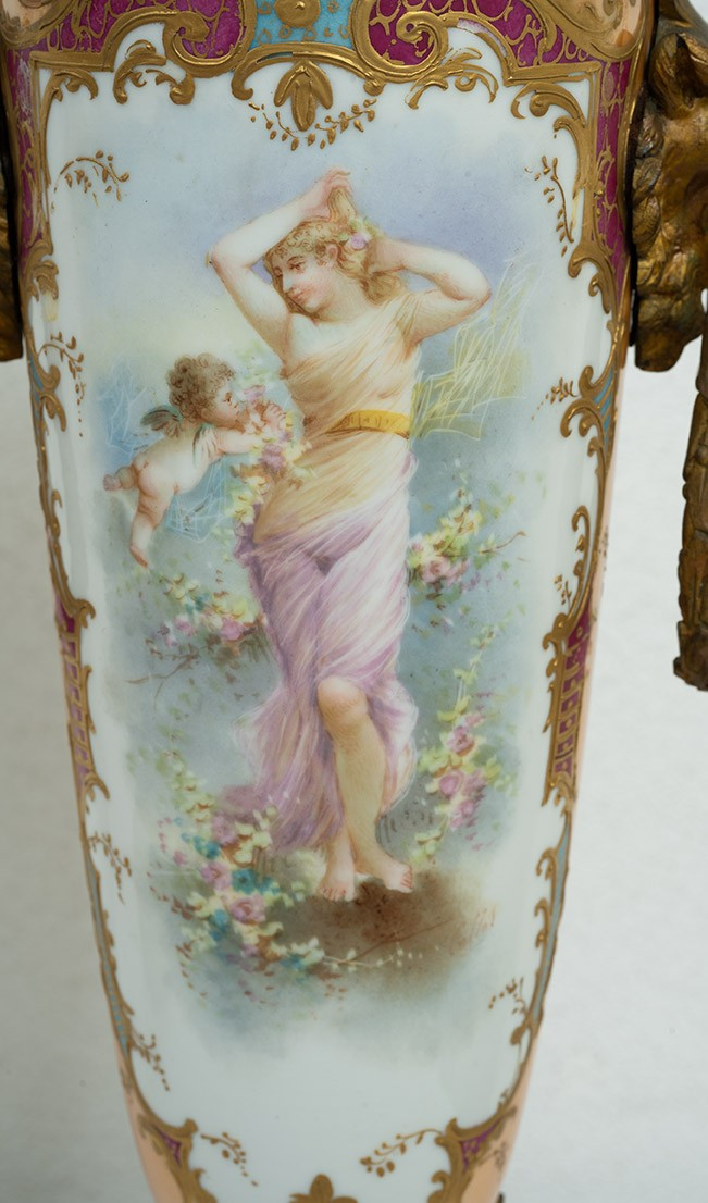 Coppia di vasi antichi Napoleone III in porcellana policroma di Sevres 19secolo.-photo-2