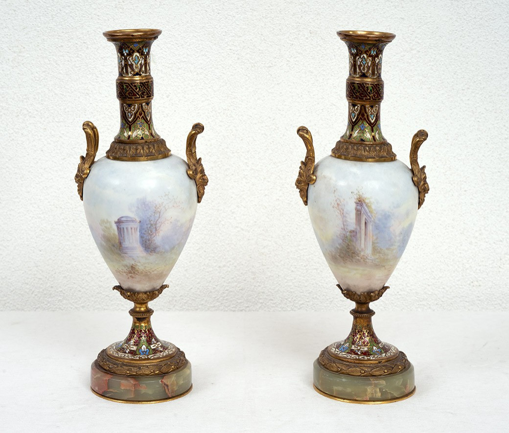 Coppia di vasi antichi Napoleone III in porcellana policroma di Sevres e Cloisonnè. 19sec.-photo-2