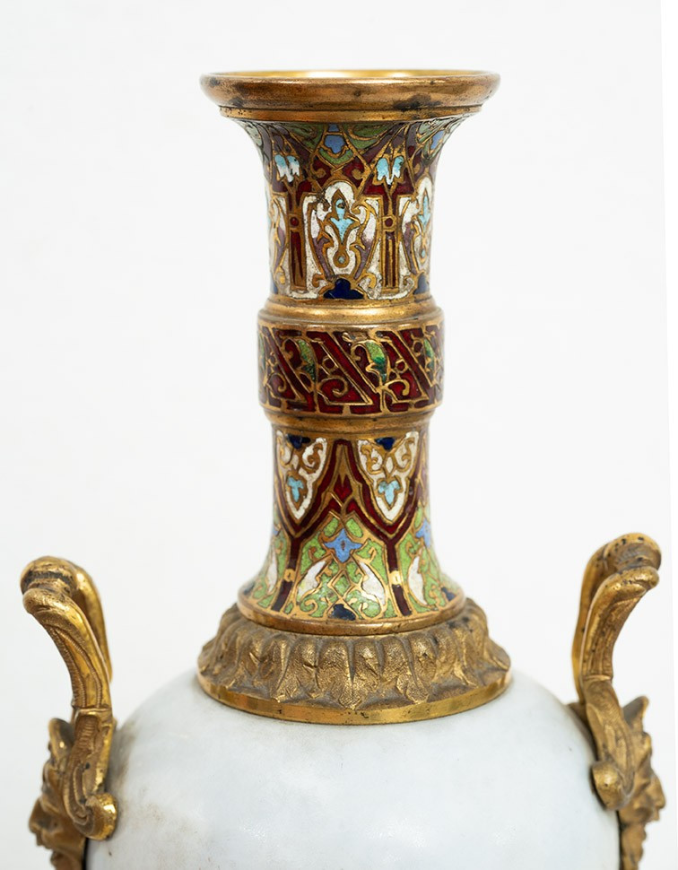 Coppia di vasi antichi Napoleone III in porcellana policroma di Sevres e Cloisonnè. 19sec.-photo-4