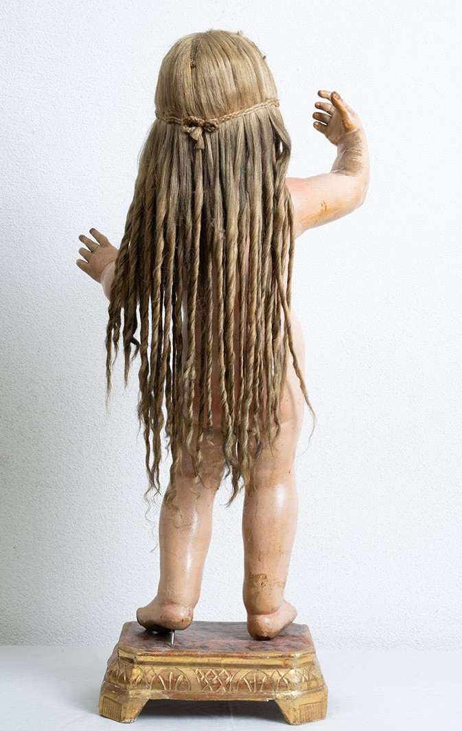 Scultura antica napoletana in legno policromo raffigurante bambino benedicente.-photo-4