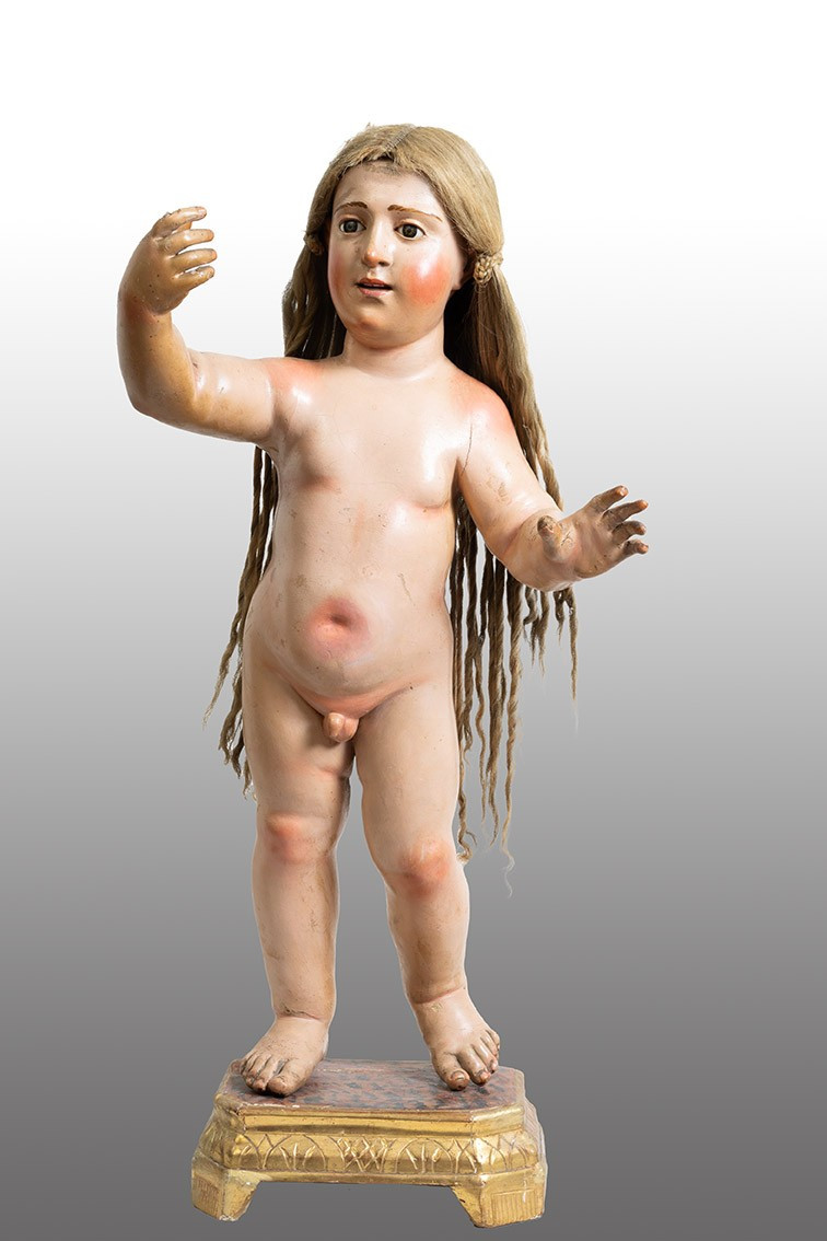 Scultura antica napoletana in legno policromo raffigurante bambino benedicente.