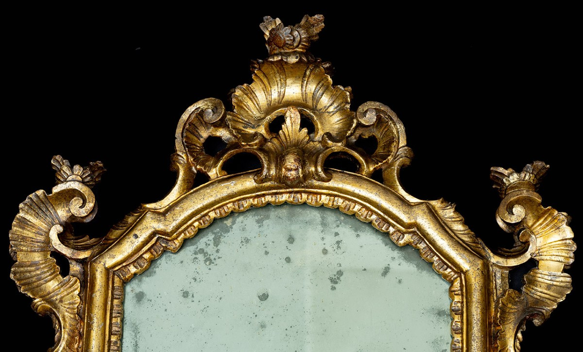 Coppia di specchiere "Ventoline" in legno dorato e intagliato 18secolo-photo-3