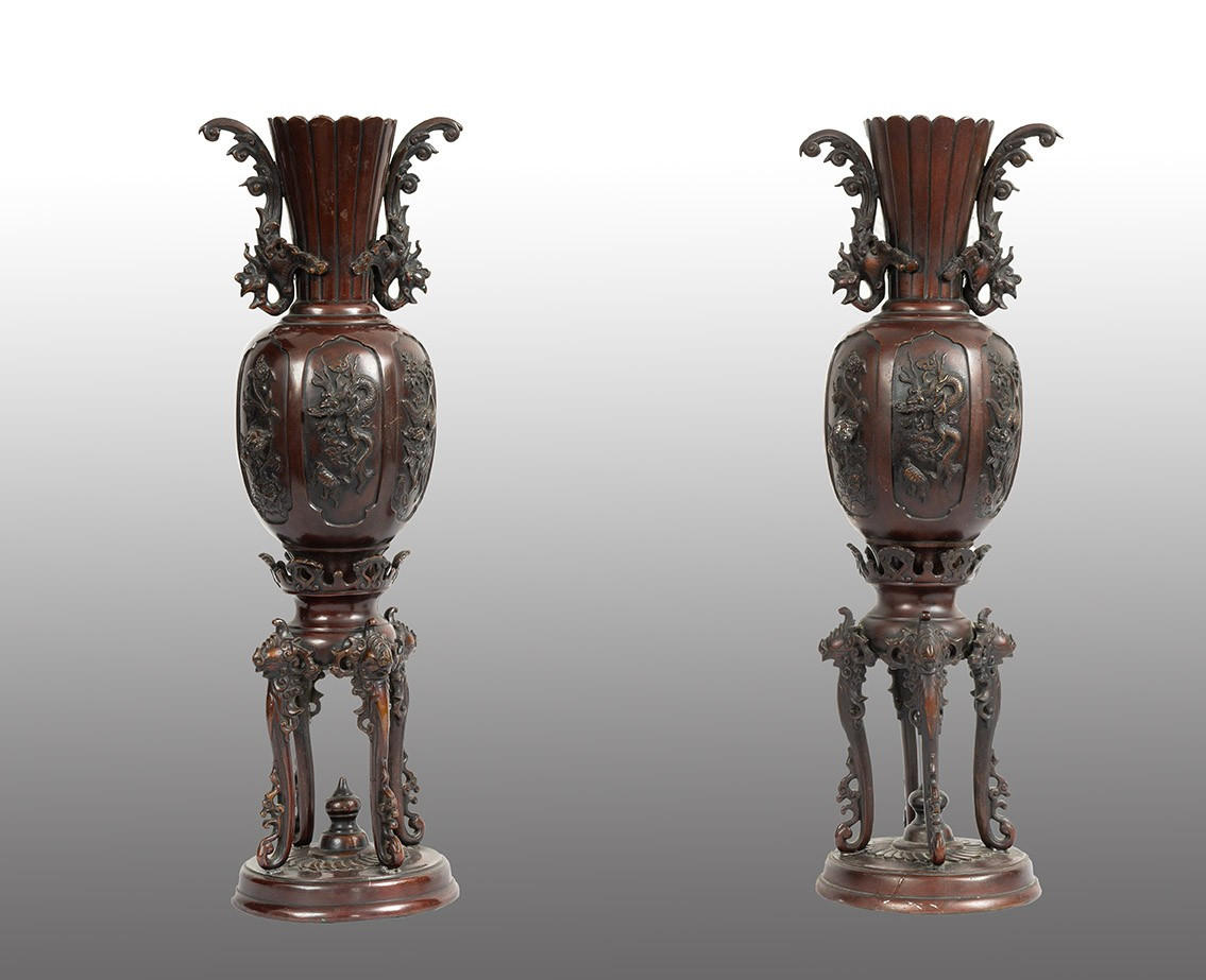 Coppia di vasi Cinesi in bronzo patinato appartenente alla fine del XIX secolo.