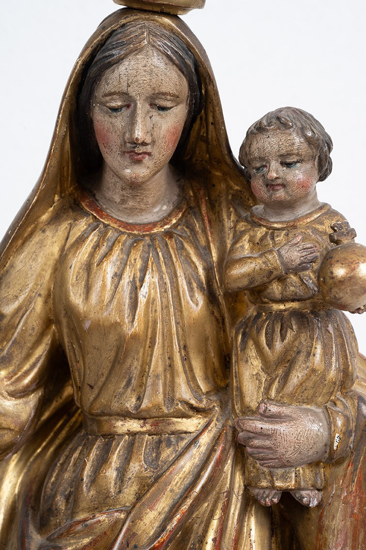 Scultura antica in legno policromo raffigurante Madonna col Bambino 18secolo.-photo-2