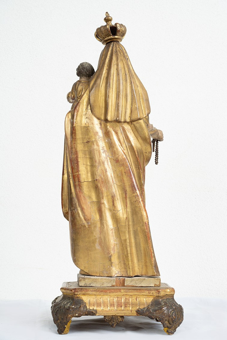 Scultura antica in legno policromo raffigurante Madonna col Bambino 18secolo.-photo-4