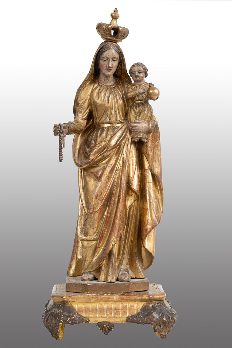 Scultura antica in legno policromo raffigurante Madonna col Bambino 18secolo.