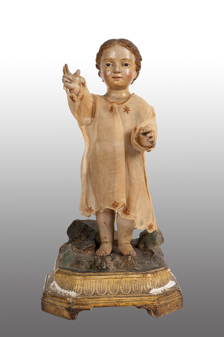 Scultura antica napoletana in legno policromo raffigurante bambino benedicente.-photo-2