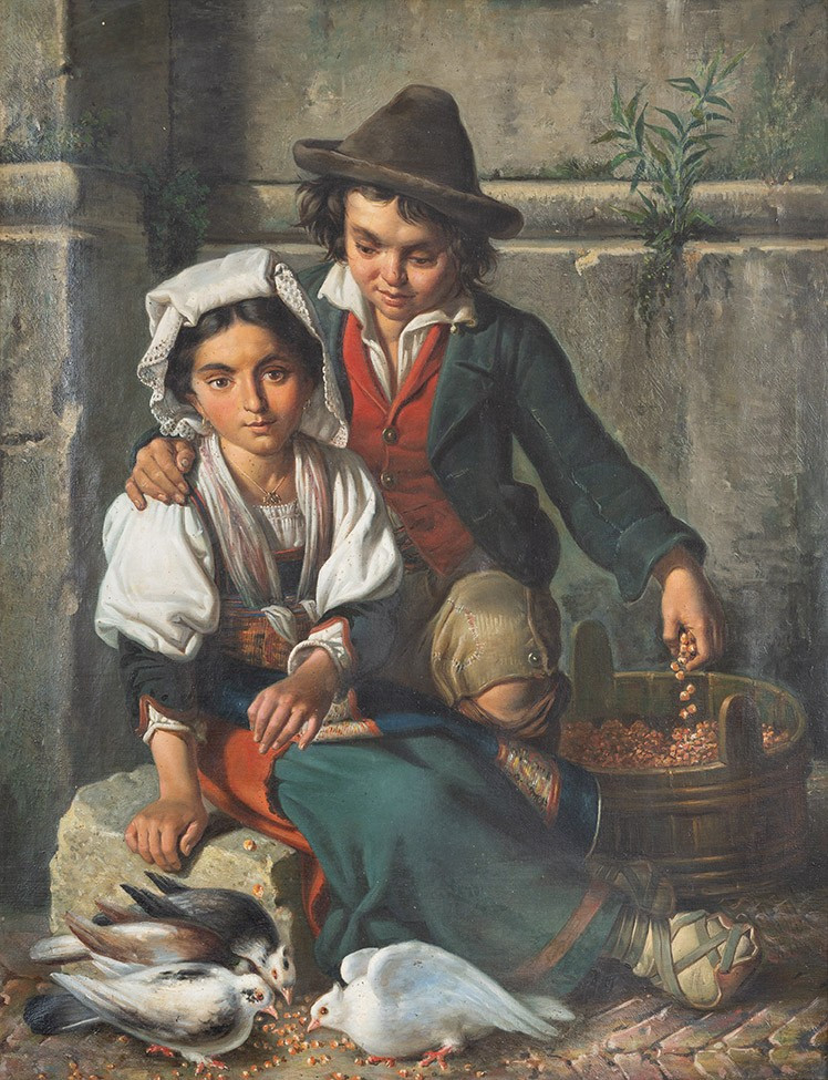 Dipinto antico olio su tela con cornice coeva Firmato"Tommaso De Vivo 1867 ".Napoli XIX secolo.-photo-2