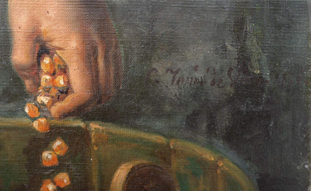 Dipinto antico olio su tela con cornice coeva Firmato"Tommaso De Vivo 1867 ".Napoli XIX secolo.-photo-4