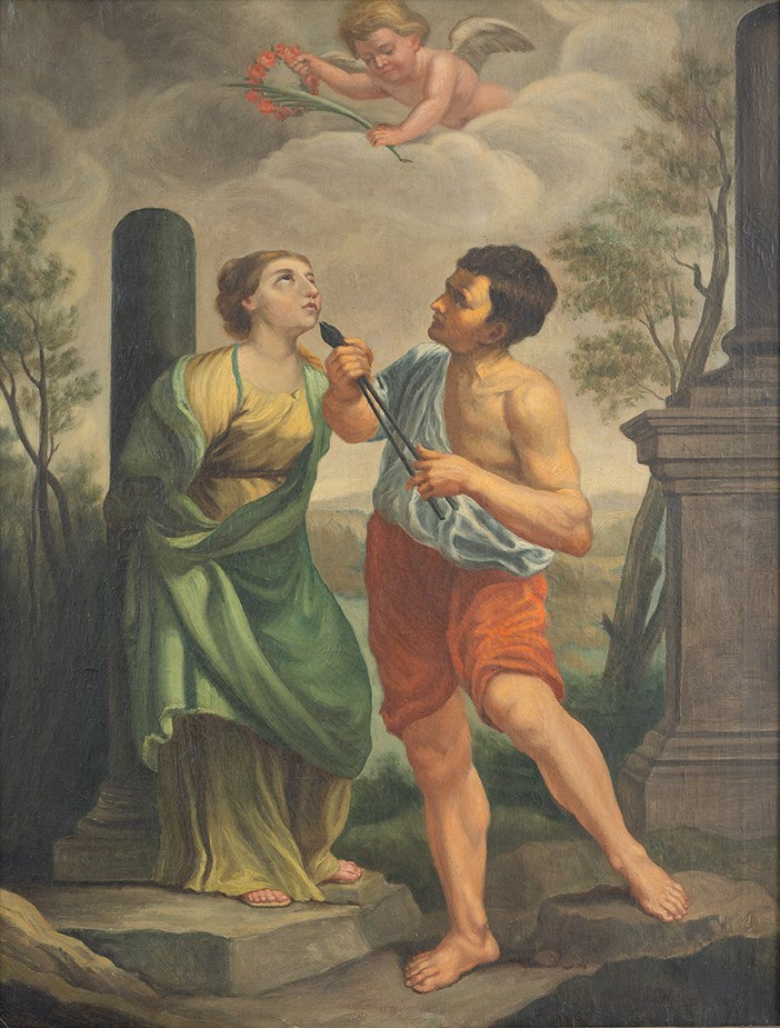 Dipinto antico olio su tela raffigurante il Martirio di Santa Apollonia. Periodo XVIII secolo.-photo-2