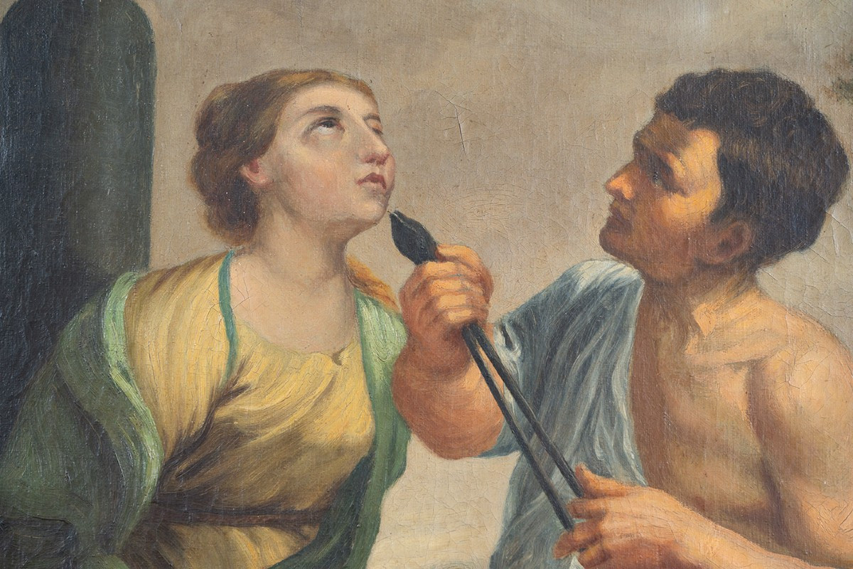 Dipinto antico olio su tela raffigurante il Martirio di Santa Apollonia. Periodo XVIII secolo.-photo-3