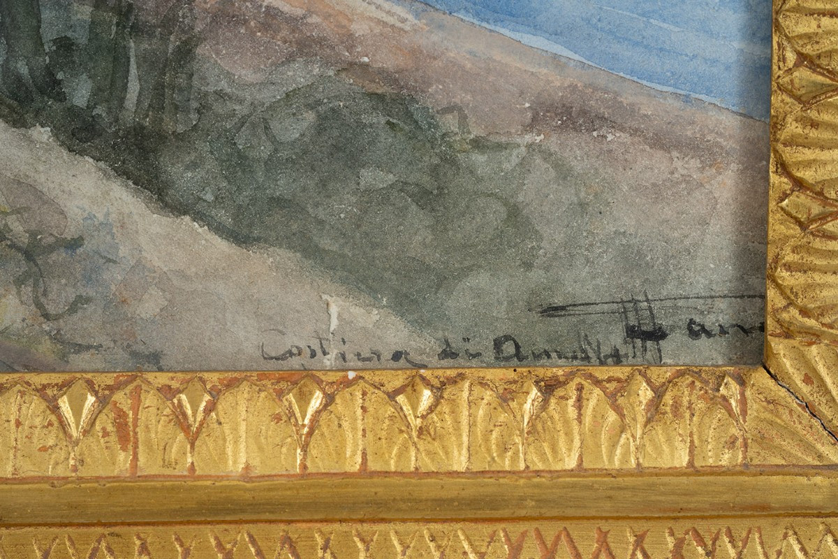 Acquerello antico con cornice in legno dorato raffigurante la costiera Amalfitana 19secolo.-photo-3