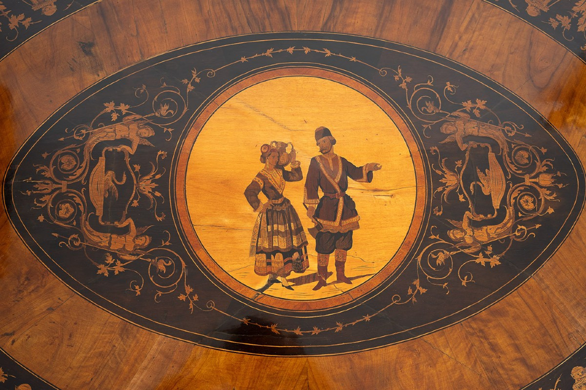 Tavolino antico da centro stanza in legni esotici pregiati di provenienza francese 19secolo.-photo-4