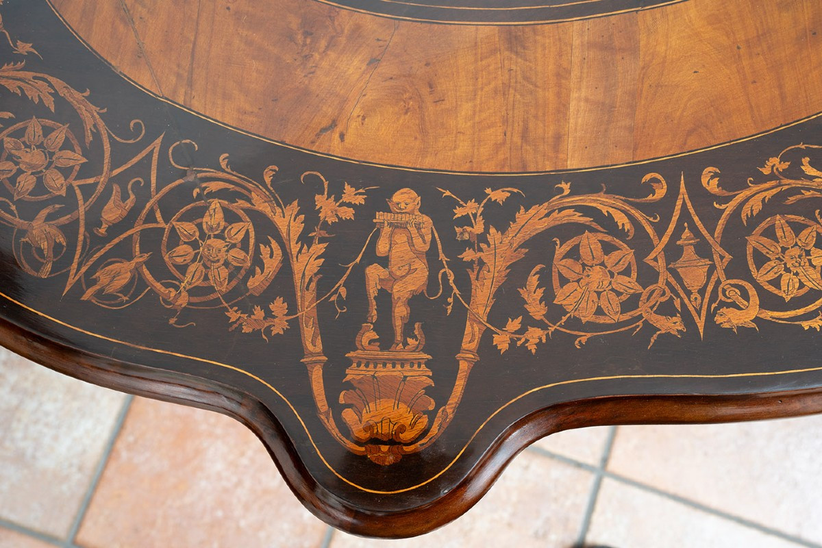 Tavolino antico da centro stanza in legni esotici pregiati di provenienza francese 19secolo.-photo-1