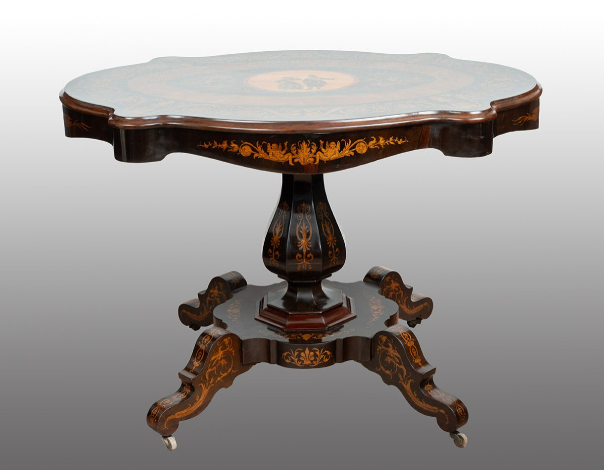 Tavolino antico da centro stanza in legni esotici pregiati di provenienza francese 19secolo.