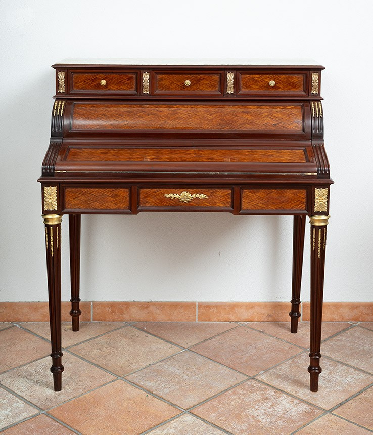 Scrittoio antico a rullo Napoleone III Francese in legni policromi 19secolo.-photo-2