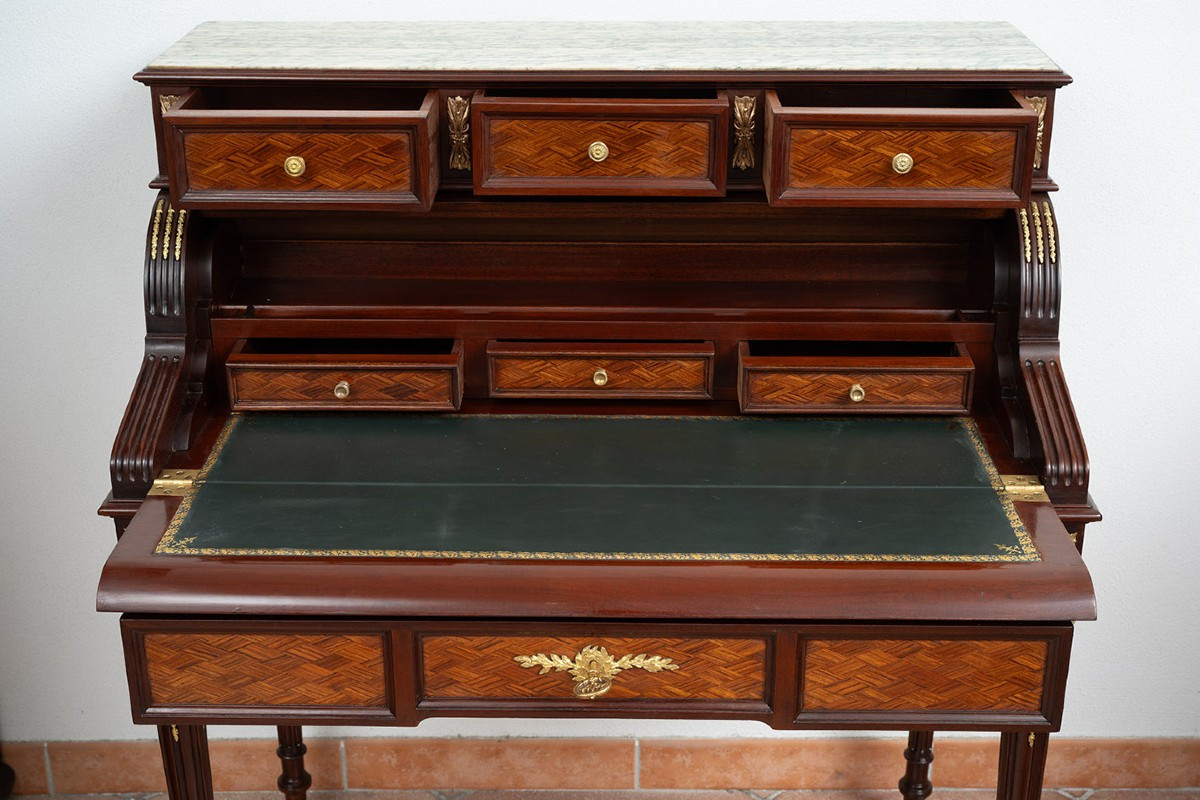 Scrittoio antico a rullo Napoleone III Francese in legni policromi 19secolo.-photo-3