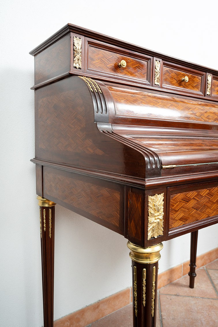 Scrittoio antico a rullo Napoleone III Francese in legni policromi 19secolo.-photo-2