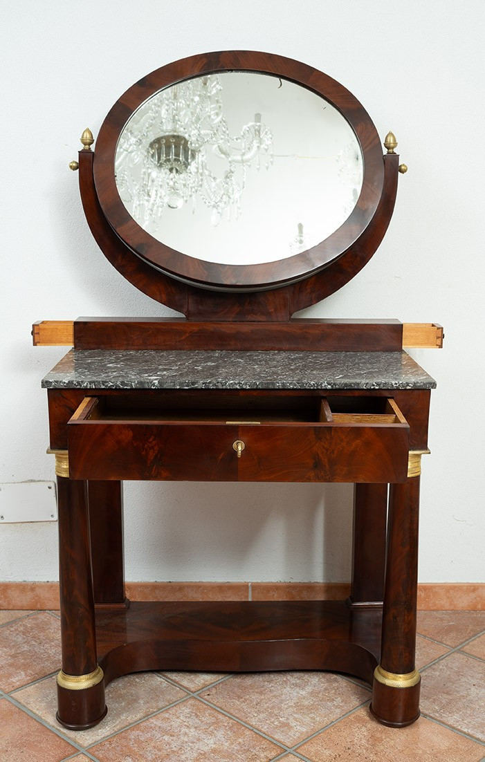 Toilettes antica in piuma di mogano con innesti di elementi in bronzo dorato 19secolo-photo-3