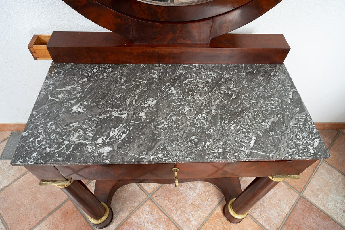 Toilettes antica in piuma di mogano con innesti di elementi in bronzo dorato 19secolo-photo-1