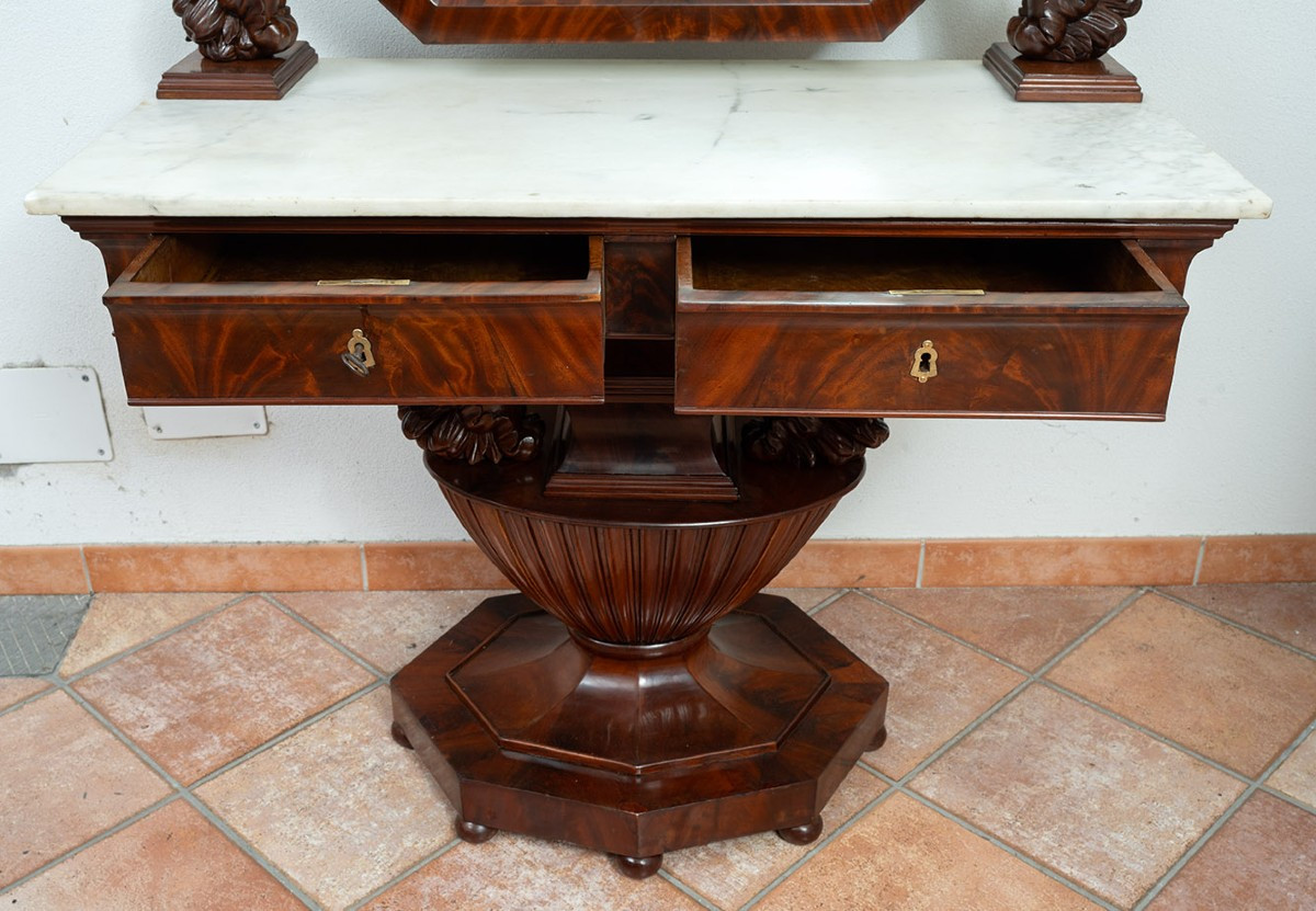 Toilette antica in piuma di mogano marmo bianco statuario 19secolo.-photo-4