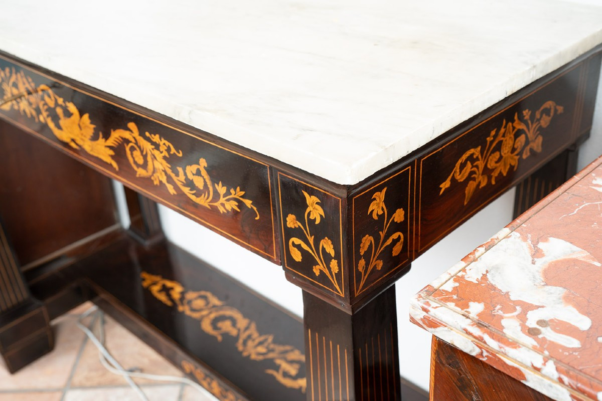 Consolle antica finemente intarsiata marmo bianco statuario cassetto centrale Sicilia 19secolo.-photo-4