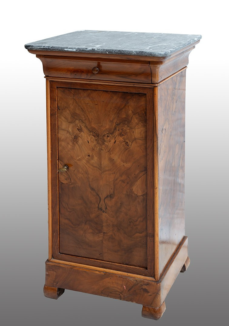 Comodino antico in radica di noce piano grigio bardiglio periodo 19secolo