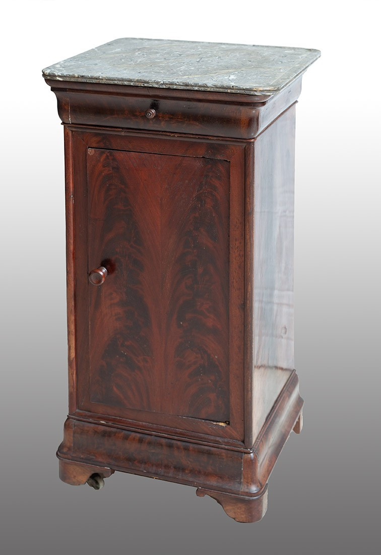 Comodino antico in piuma di mogano marmo grigio bardiglio periodo 19secolo.