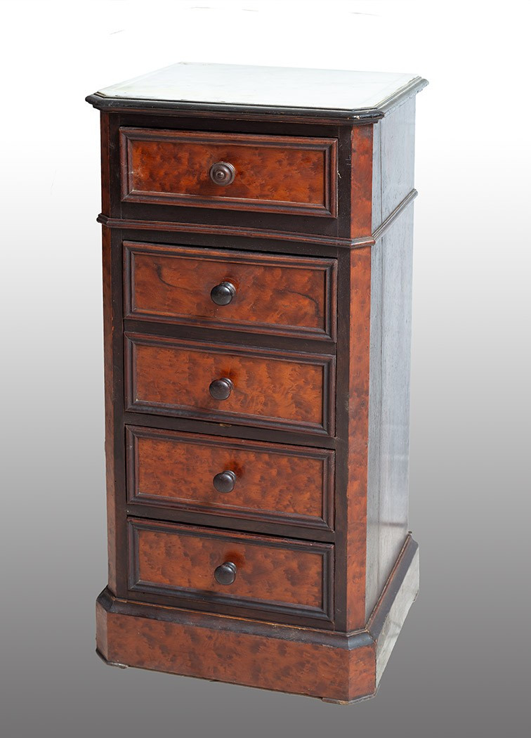 Comodino antico in radica di noce piano in marmo bianco statuario periodo 19secolo