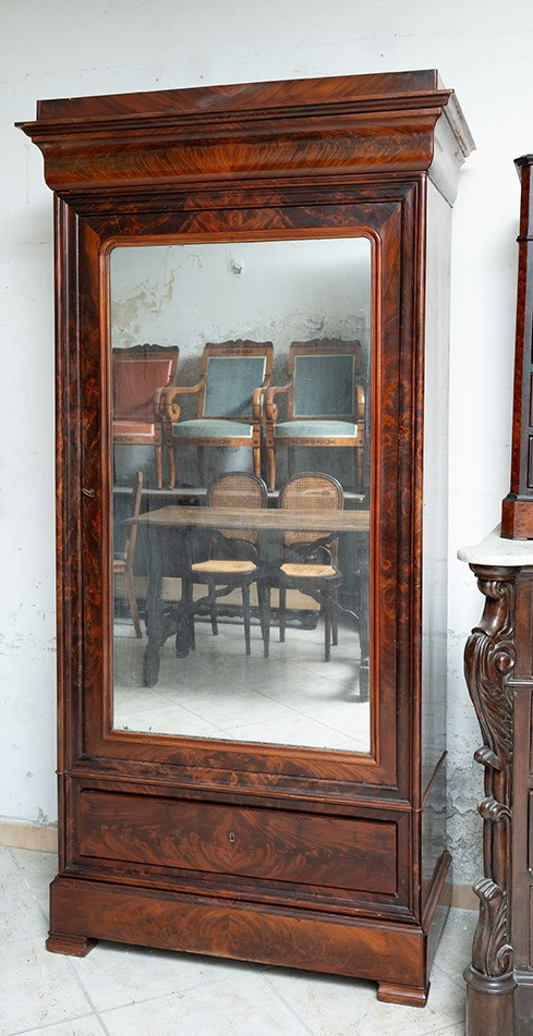 Armadietto antico 1 anta due cassetti in piuma di mogano inerni in rovere periodo 19secolo.-photo-2