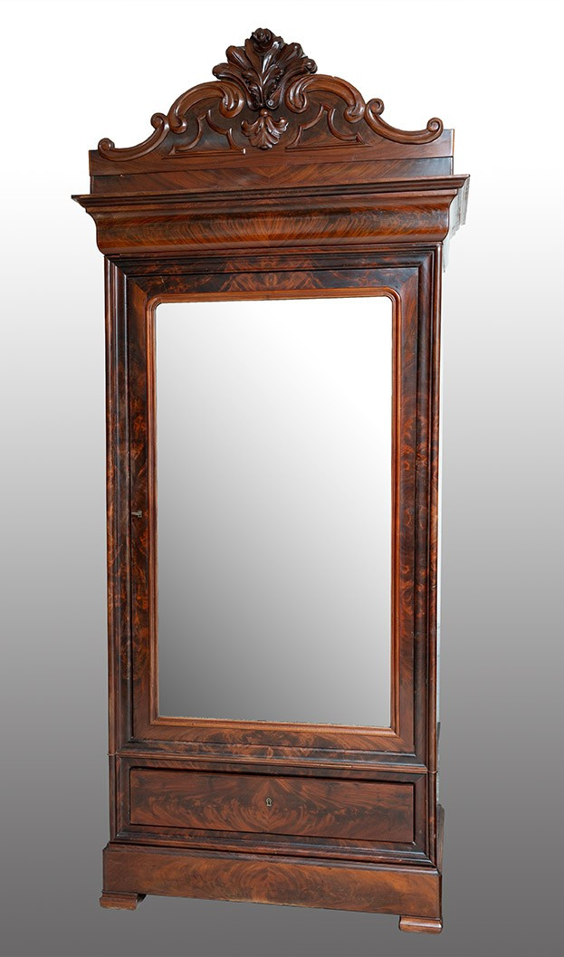 Armadietto antico 1 anta due cassetti in piuma di mogano inerni in rovere periodo 19secolo.