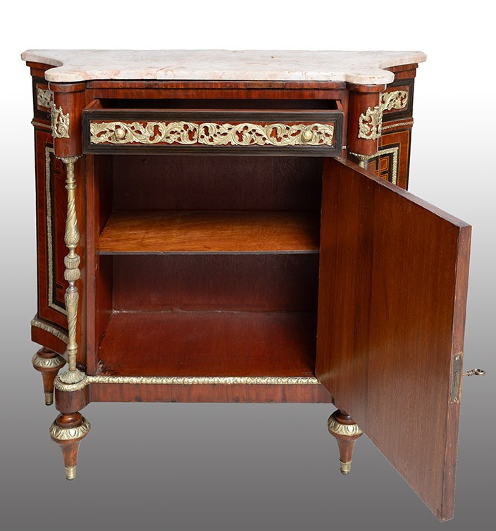 Credenzino Francese stile Napoleone III in legni pregiati applicazioni in bronzo dorato 20sec.-photo-2