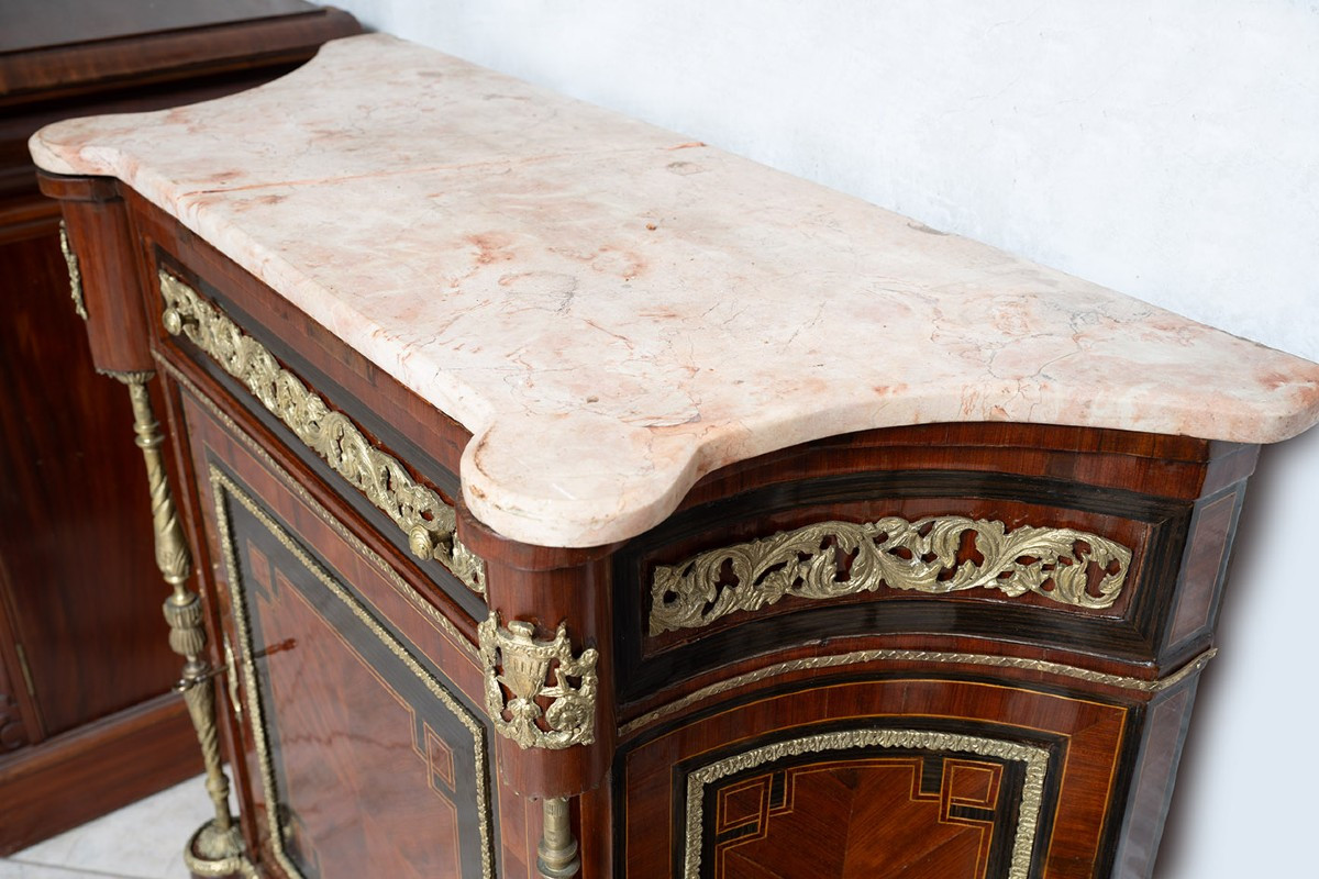 Credenzino Francese stile Napoleone III in legni pregiati applicazioni in bronzo dorato 20sec.-photo-3