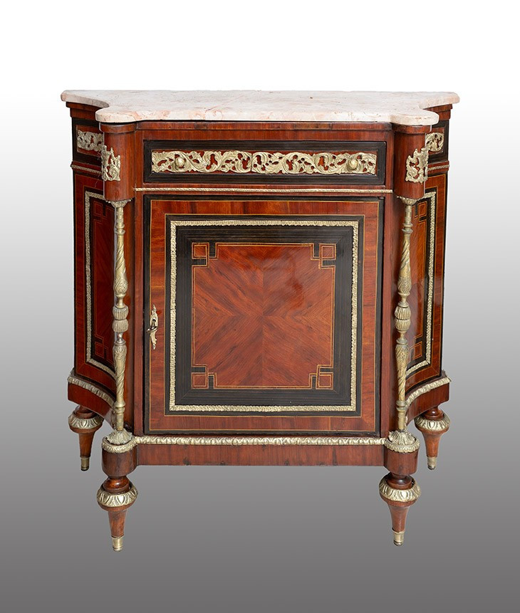 Credenzino Francese stile Napoleone III in legni pregiati applicazioni in bronzo dorato 20sec.