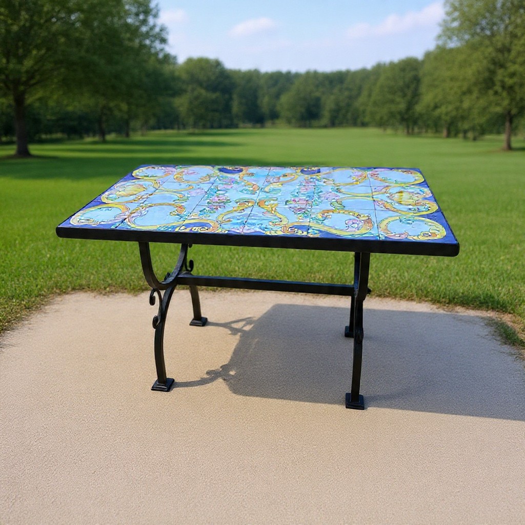 Tavolino artigianale con piano in ceramica maiolicata dipinta a mano e base in ferro battuto.-photo-3