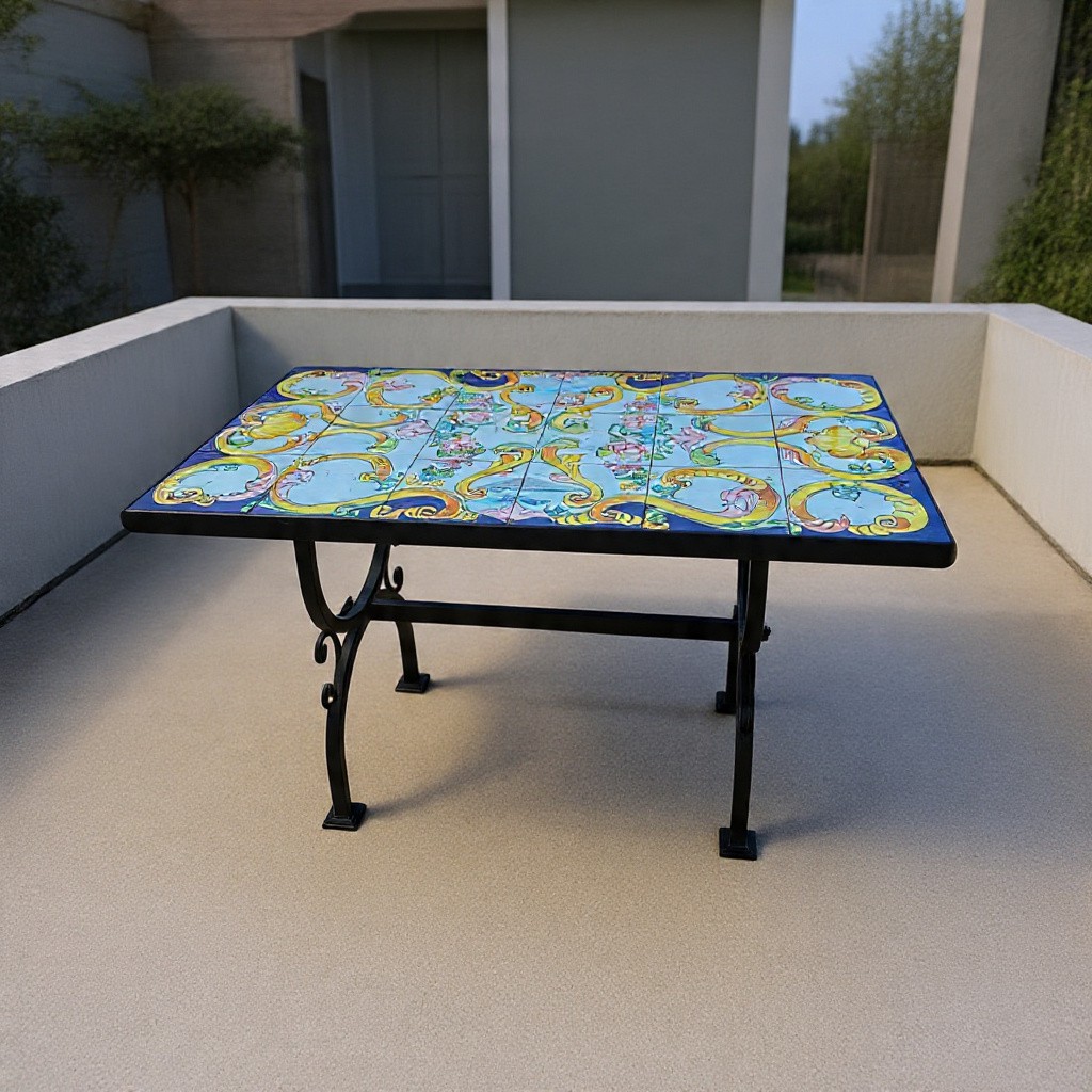 Tavolino artigianale con piano in ceramica maiolicata dipinta a mano e base in ferro battuto.-photo-4