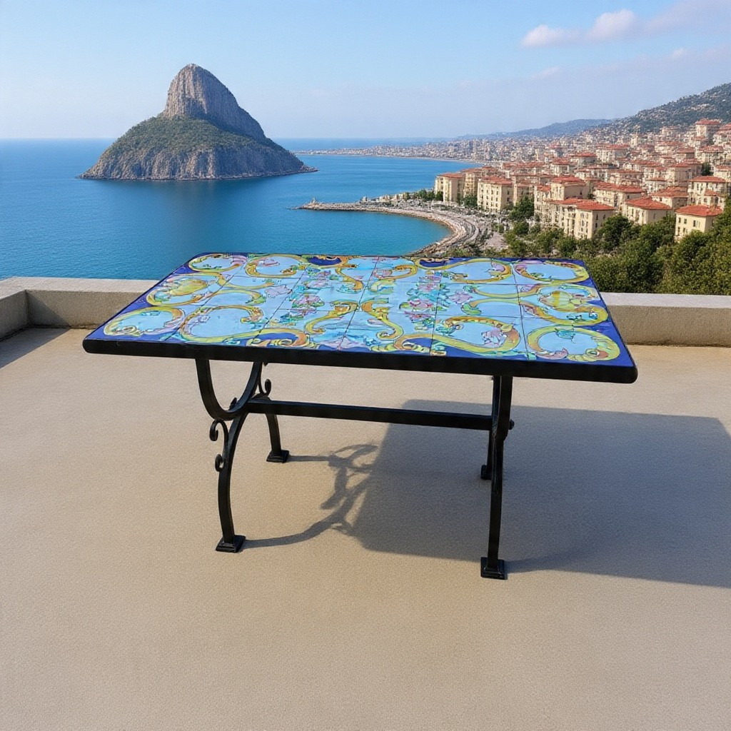 Tavolino artigianale con piano in ceramica maiolicata dipinta a mano e base in ferro battuto.-photo-5