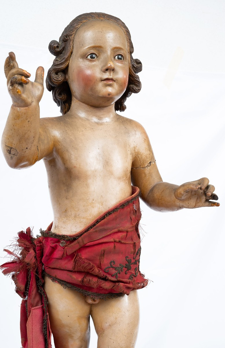 Scultura antica napoletana in legno policromo raffigurante Bambino benedicente.-photo-2
