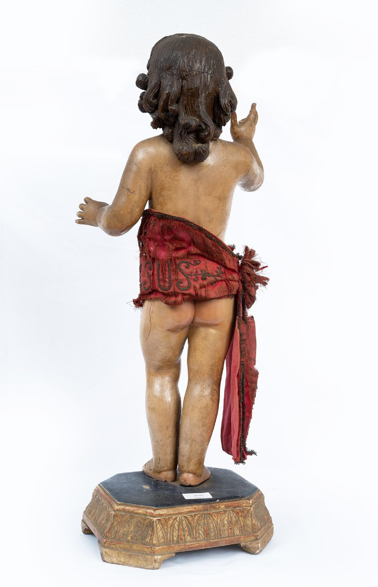 Scultura antica napoletana in legno policromo raffigurante Bambino benedicente.-photo-3