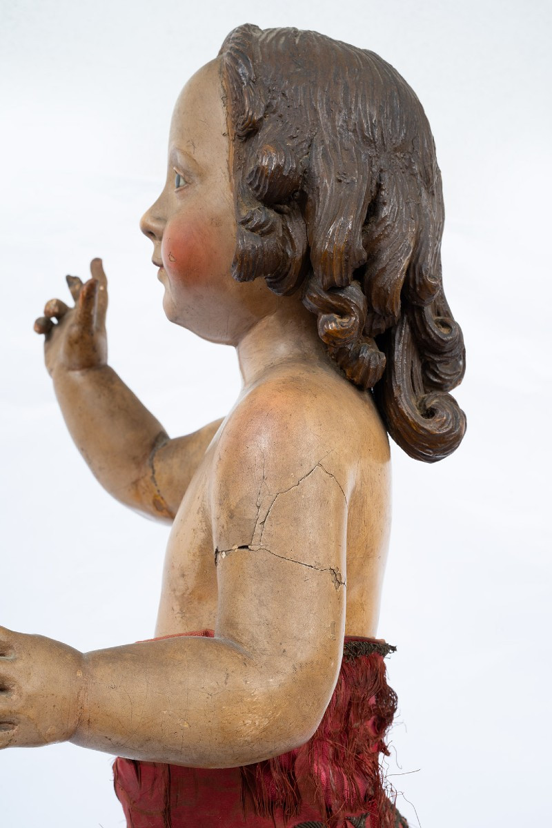 Scultura antica napoletana in legno policromo raffigurante Bambino benedicente.-photo-4