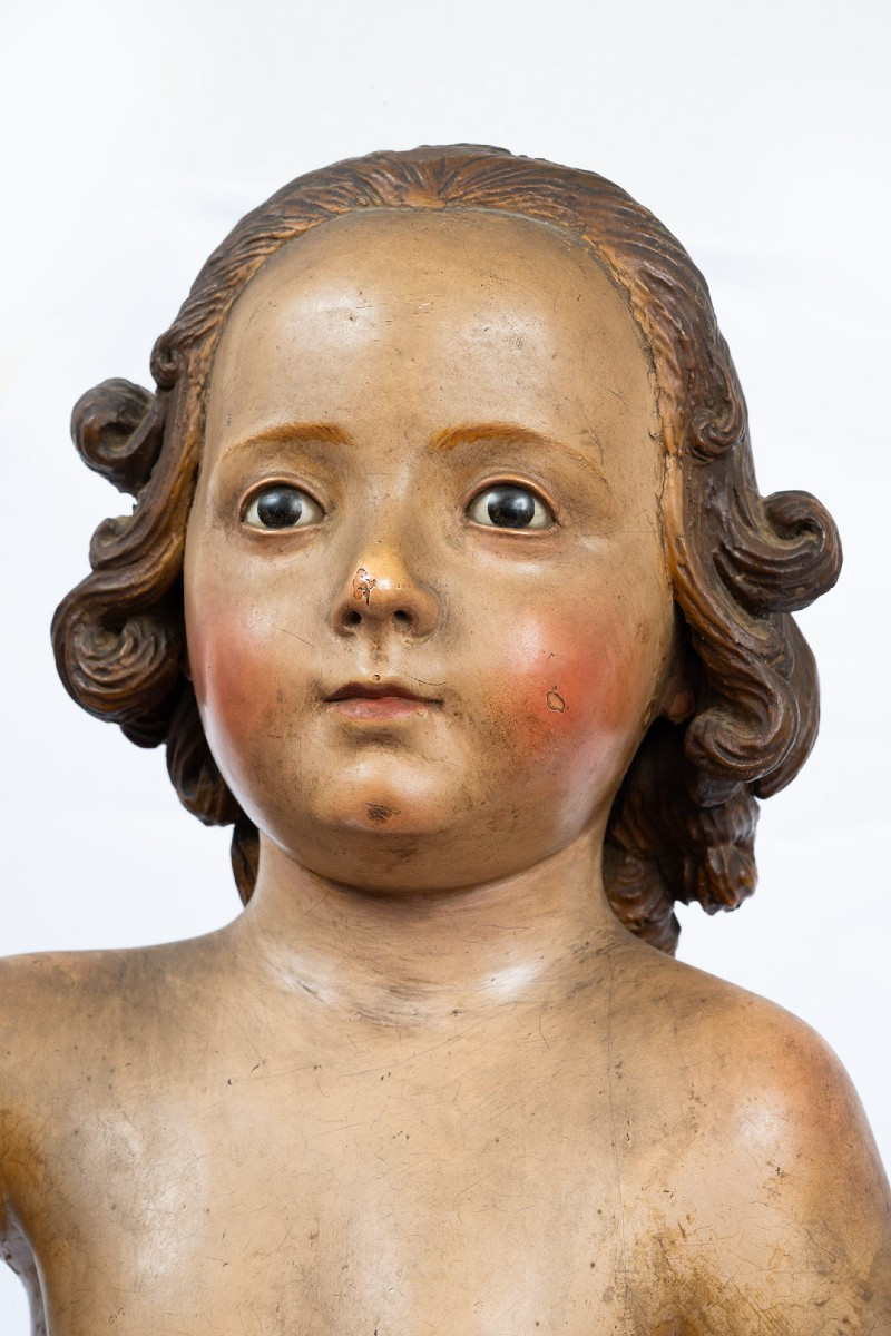 Scultura antica napoletana in legno policromo raffigurante Bambino benedicente.-photo-2