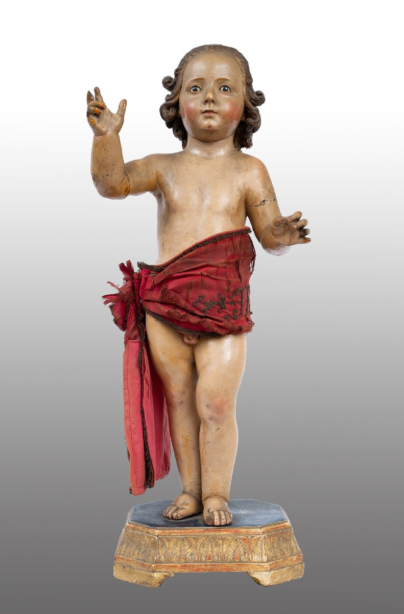 Scultura antica napoletana in legno policromo raffigurante Bambino benedicente.
