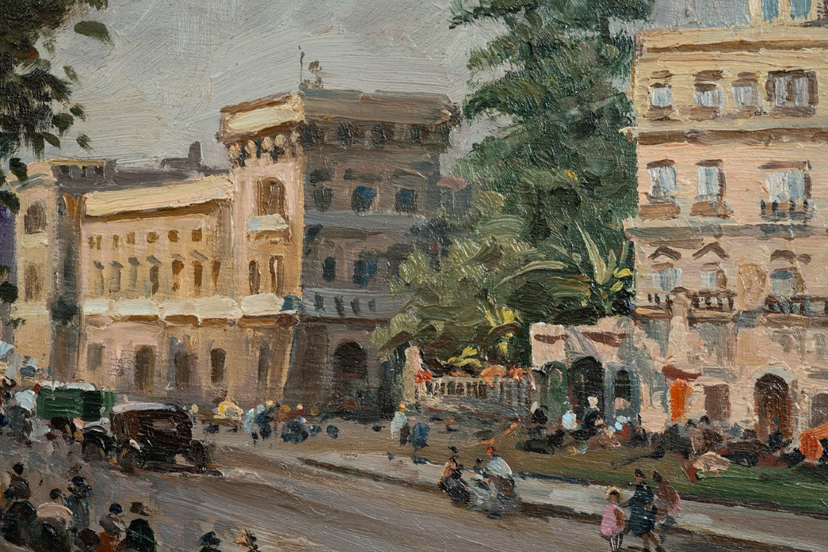 Dipinto antico olio su tavoletta raffigurante una veduta di Via Chiaia a Napoli 19secolo-photo-3