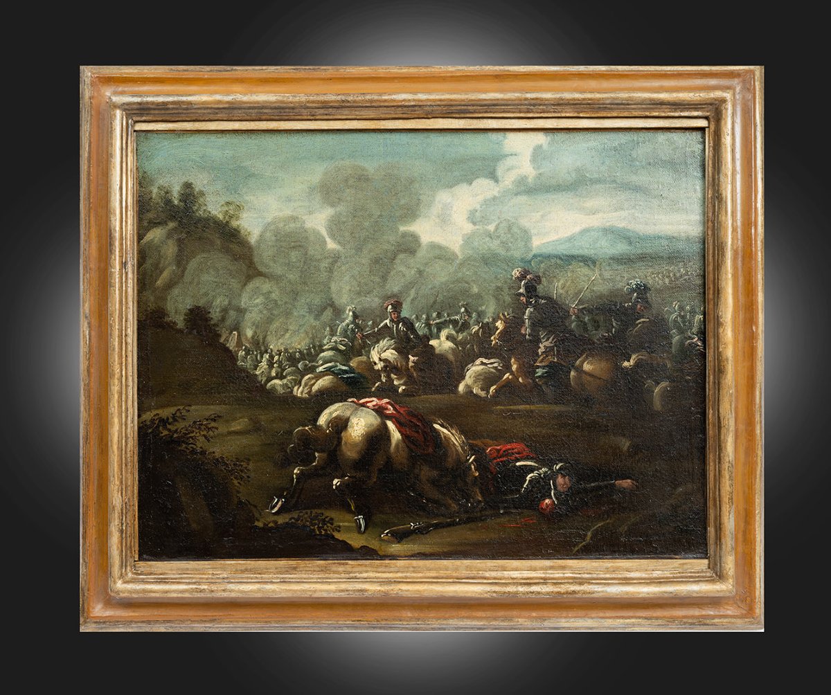Dipinto antico olio su tela raffigurante una battaglia 17sec.