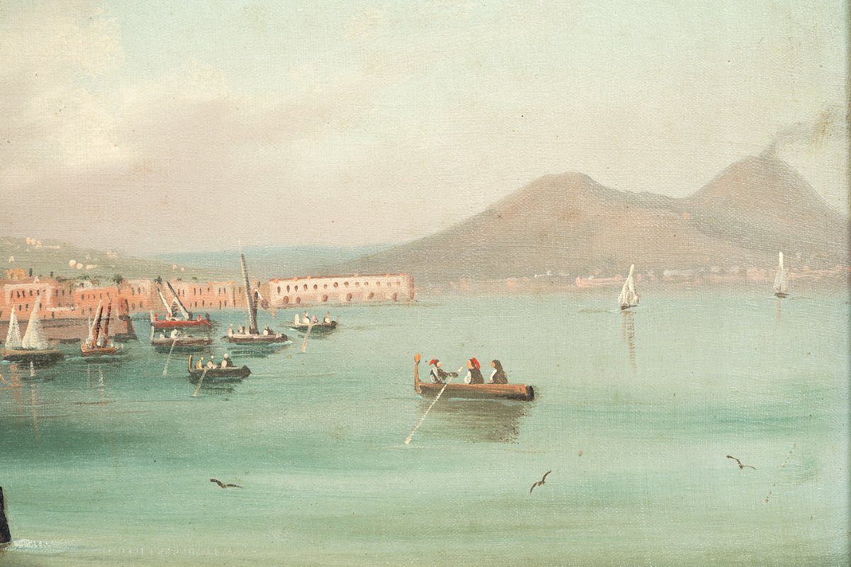 Dipinto antico olio su tela con cornice coeva raffigurante una veduta del Golfo di Napoli.-photo-3