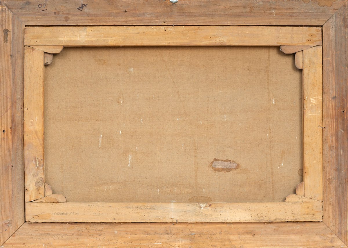 Dipinto antico olio su tela con cornice coeva raffigurante una veduta del Golfo di Napoli.-photo-4